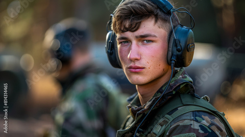 Fototapeta Naklejka Na Ścianę i Meble -  A young male soldier with focused expression wearing camouflage and tactical headphones, in a forest setting.