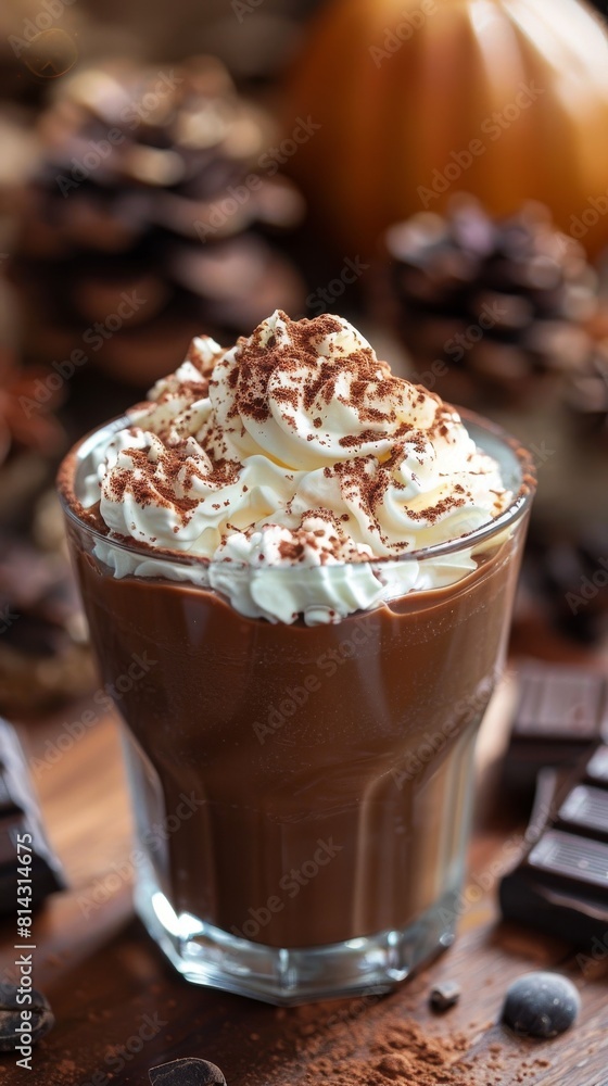 A delicious chocolate pudding in a glass dish with whipped cream and powdered cocoa. A delicious chocolate pudding in a glass dish with whipped cream and powdered cocoa.