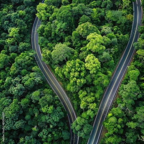 Aerial top view of asphalt road through green forest, healthy rain forest, environment, health, green economy, view of nature ecosystem for save Earth with Generative .