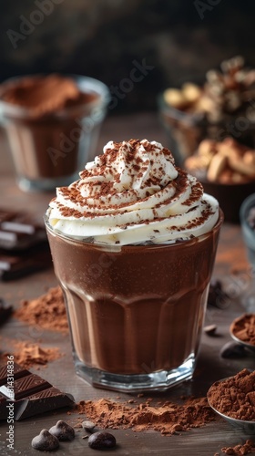 A delicious chocolate pudding in a glass dish with whipped cream and powdered cocoa. 