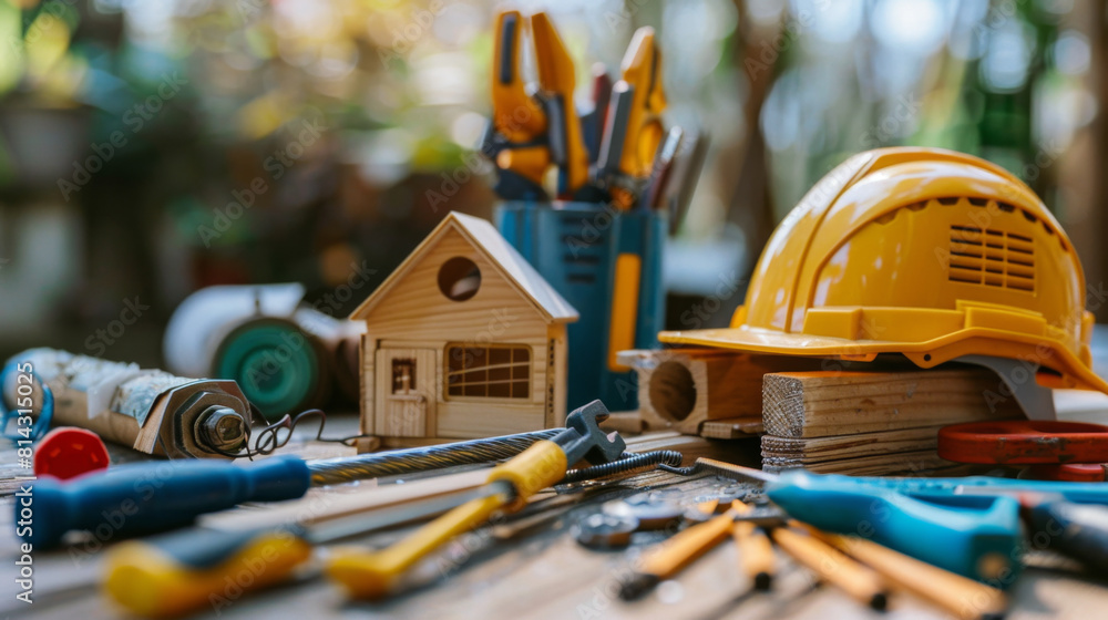 Fototapeta premium An array of home improvement tools and a small wooden house model on a rustic wooden work table.