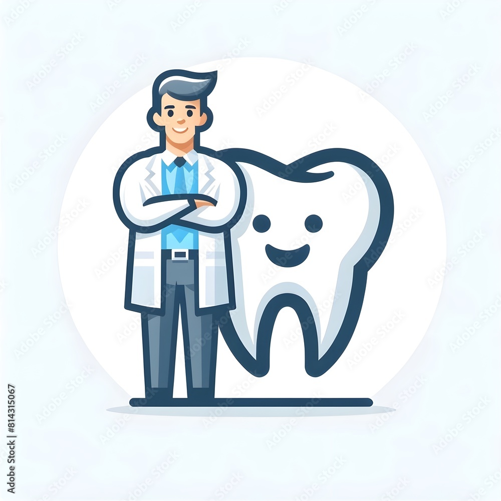 Fototapeta premium Friendly Male Dentist Cartoon with Smiling Tooth, Professional Dental Care Concept in Light Blue Color - Perfect for Healthcare and Medical Websites