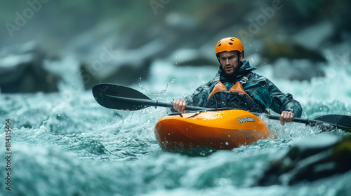 Intense moment of a male kayaker maneuvering his orange kayak through rough, splashing river waters.