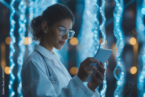 A woman wearing a white lab coat is looking at a tablet photo