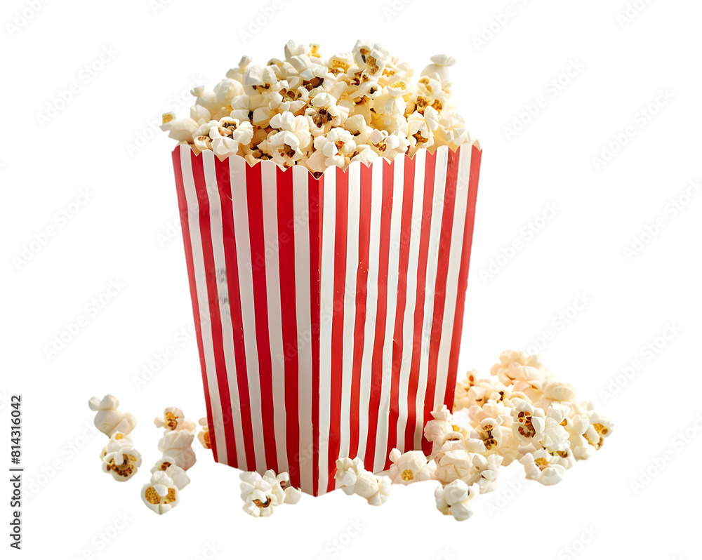 Red and white striped popcorn bag full of popcorn for party night isolated on transparent background Red and white striped popcorn bag full of popcorn for party night isolated on transparent background