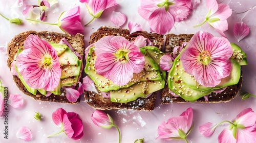 pink flowers on avocado toast 