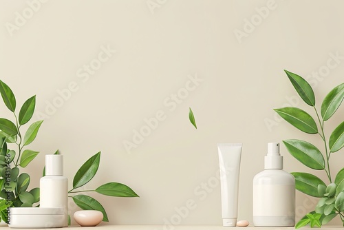 Ad banner for simple beauty products mock-ups decorated with natural leaves and cream strokes concept of organic skincare 3d illustration