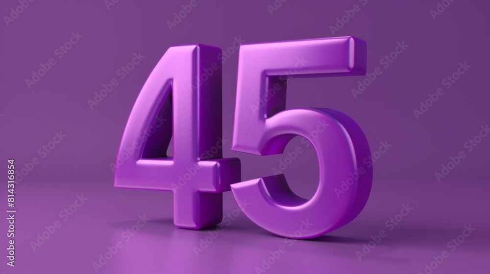 A realistic glossy purple number 45 in 3D style imitation on a matching purple background A realistic glossy purple number 45 in 3D style imitation on a matching purple background