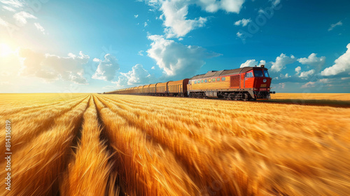 A vibrant image capturing a red freight train moving swiftly through a vast  golden wheat field under a clear blue sky.