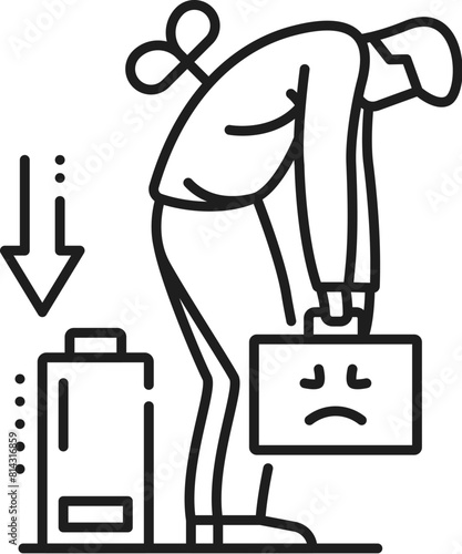 Tiredness line icon of anemia symptom and physical disease, vector hematology. Tired or exhausted man with low energy battery outline sign of anaemia blood disorder, hemoglobin lack, oxygen decrease