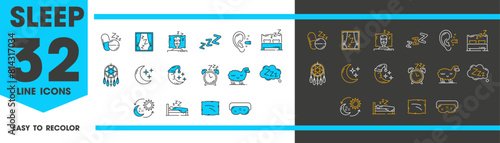 Sleep, dream and nap line icons. Vector bed, pillow, night moon and alarm clock, comfort mattress, sleeping pills, mask, ear plugs and sheep outline symbols. Bad sleep, insomnia and snore zzz signs