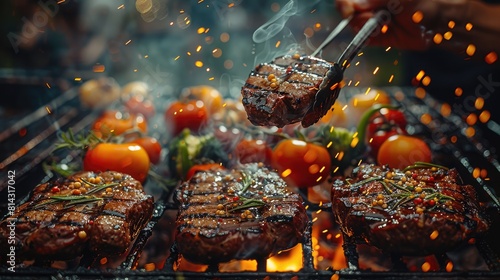 closeup hands holding tongs, trying to catch small pieces of meat and vegetables on the grill. photo