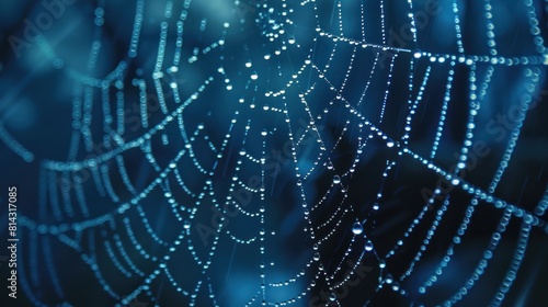 Cobweb or spiderweb natural rain pattern background close-up. Cobweb with drops of rain pattern in blue light.
