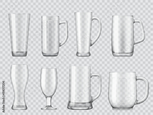Realistic empty transparent beer glass and tankard glassware. Realistic 3d vector set of isolated transparent cups for alcohol, water, cocktail and refreshing drinks. Mockups of mugs for beverages