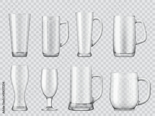 Realistic empty transparent beer glass and tankard glassware. Realistic 3d vector set of isolated transparent cups for alcohol, water, cocktail and refreshing drinks. Mockups of mugs for beverages