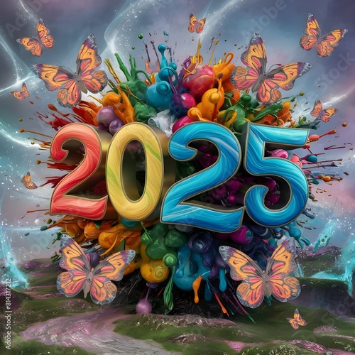 Happy new year 2025 colorful flower butterfly design. 