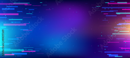 Game background glitch. Vector abstract pattern with digital pixel noise in blue and purple hues. Retro gaming backdrop with data error effect. Static technology texture and gamer no signal graphics