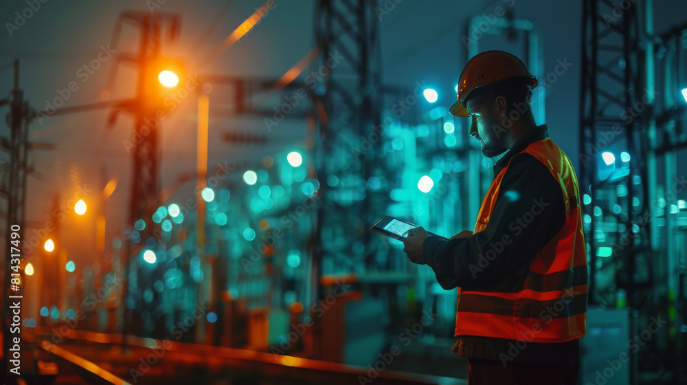 Industrial scene showing a worker in reflective gear using a tablet at a rail yard illuminated by vibrant night lights. Industrial scene showing a worker in reflective gear using a tablet at a rail yard illuminated by vibrant night lights.