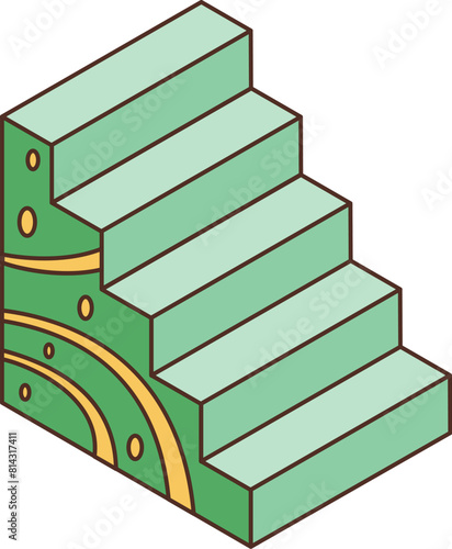 Green stairs retro groovy element or symbol. Isolated vector ladder in vintage hippie style, series of steps for vertical movement between different levels in a building, providing accessibility