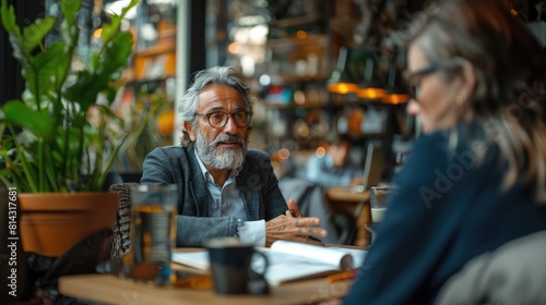 A professional business man is sitting at a table and talking to an employee in his office.