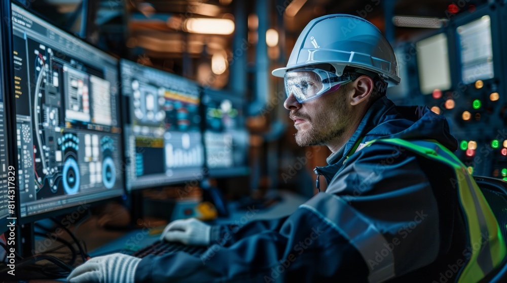 Engineer wearing safety suits and protective gear, the electrical engineer exemplifies diligence and professionalism Engineer wearing safety suits and protective gear, the electrical engineer exemplifies diligence and professionalism
