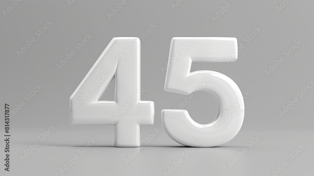 Realistic glossy white number 45 in 3D style imitation on a plain gray background Realistic glossy white number 45 in 3D style imitation on a plain gray background