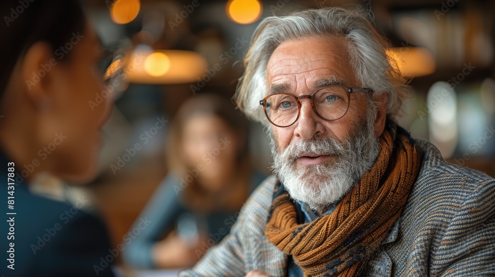 A professional business man is sitting at a table and talking to an employee in his office. A professional business man is sitting at a table and talking to an employee in his office.
