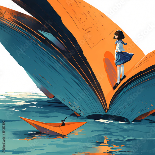 A whimsical scene of a young girl standing on the pages of an open book  which has transformed into a boat floating in a serene lake. This evocative illustration captures the magic of storytelling