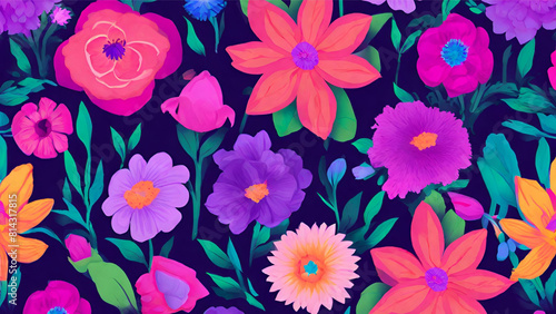Wallpaper Mural A Pattern Featuring A Variety Of Spring Flowers In Full Bloom. Purple Based Torontodigital.ca