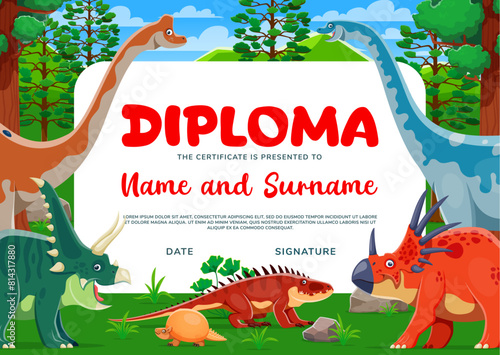 Kids diploma with funny dinosaurs. Cartoon dino characters preschool education certificate or kindergarten graduation diploma vector template. Funny triceratops, brontosaurus and dimetrodon personages
