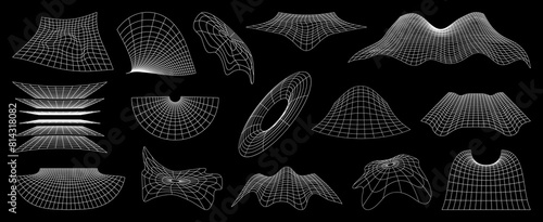 Wireframe grid and mesh, futuristic net. 3d vector set of cyber neo futuristic shapes, wavy geometric perspective plane. Abstract structures deformation, flowing surface. 80S cyberpunk meshy elements
