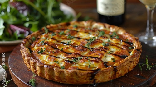 A freshly baked goat cheese tort served with salad at a cafe or restaurant. 