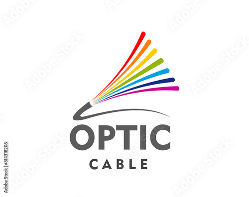 Fiber optic cable icon for television, telecommunication or internet provider, vector emblem. Rainbow wires of optical fiber cable for digital communication technology and TV broadcasting company