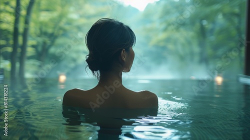 An Asian woman experiencing a serene hydrotherapy session in a spa with views of surrounding nature.