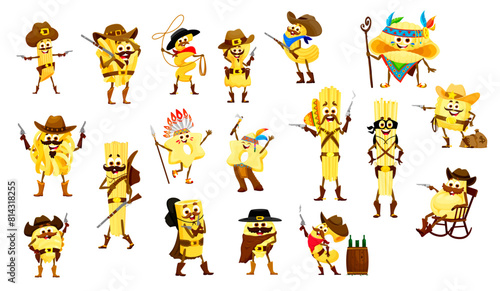 Cartoon Italian pasta cowboy and sheriff, bandit and robber, ranger and Indian chief, vector characters. Penne in cowboy sombrero, spaghetti ranger with pistol gun and tortellini with rum barrel
