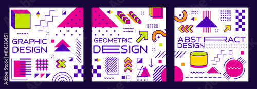 Abstract geometric square Memphis banners with minimal line shapes and figures, vector backgrounds. Memphis pattern posters with abstract geometric figures and isometric elements of arrows and circles