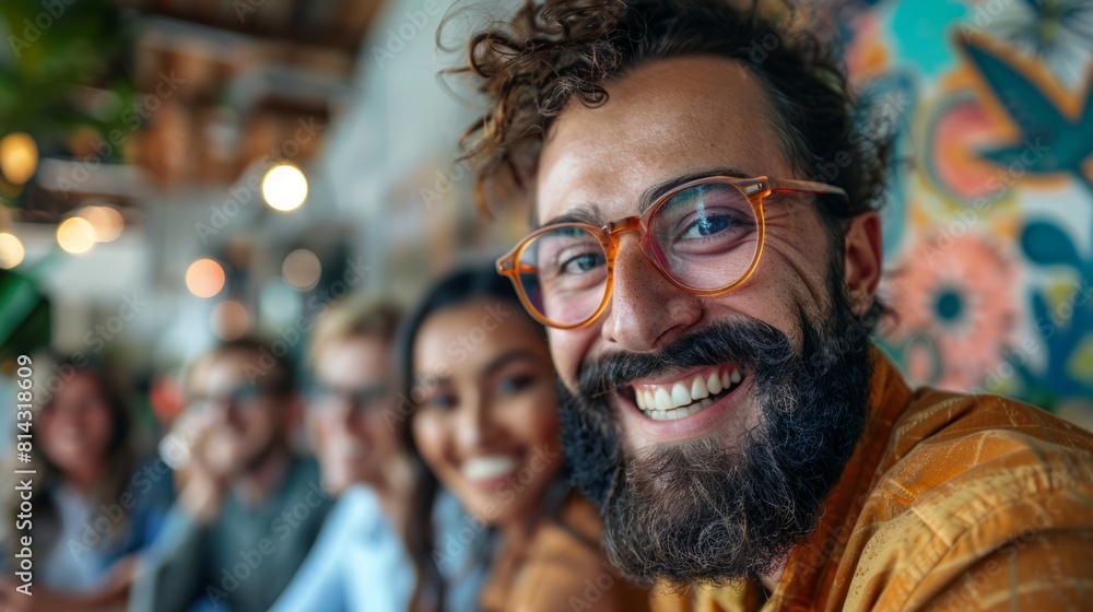 Happy businesspeople smiling cheerfully during a meeting in a creative office. Happy businesspeople smiling cheerfully during a meeting in a creative office.
