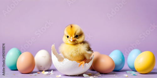 Funny easter concept holiday animal greeting card - Cute little easter chick baby in broken eggshell, easter eggs, isolated on bright table background © EA Studio