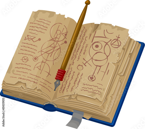 Game book, cartoon vector opened magic tome with rugged pages, bookmark, quill pen and pages adorned with ancient symbols and spells, inviting alchemy exploration. Fantasy witchcraft or wicca grimoire