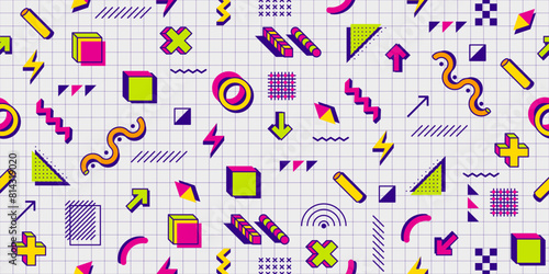 80s 90s Memphis pattern background. Vector seamless abstract geometric ornament with retro modern shapes and elements on checkered notebook page. Vibrant decorative tile with bright creative figures