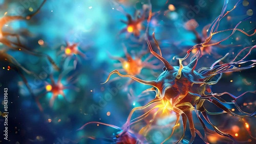 Neuronal cells and synapses with vibrant colors against blue background photo