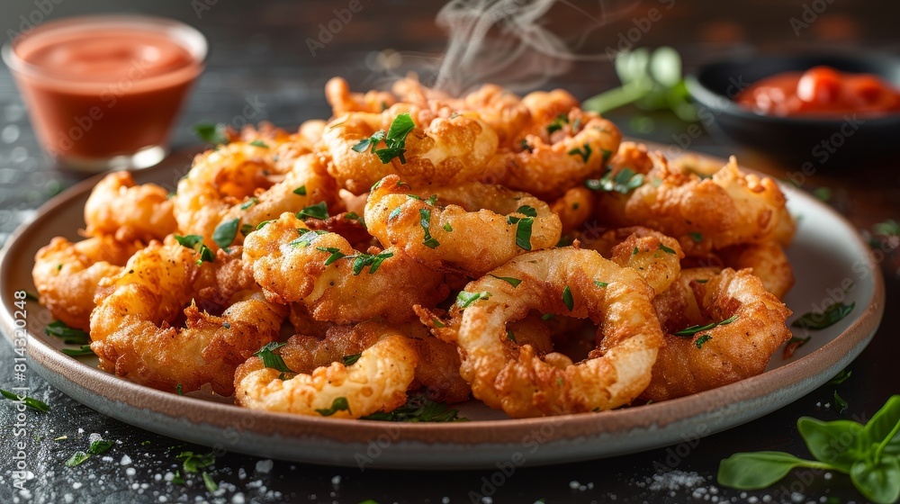 Delicious fried Calamari, or onion rings, served on a platter at a restaurant with a side dipping sauce. Delicious fried Calamari, or onion rings, served on a platter at a restaurant with a side dipping sauce.