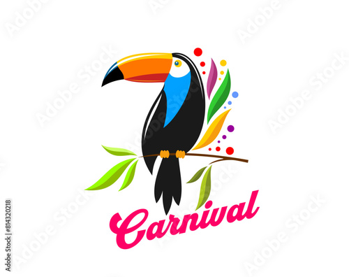 Brazil carnival party icon with toucan. Rio carnaval entertainment event of samba dance and latin music isolated vector sign with tropical toucan or toucanet bird with colorful feathers and confetti