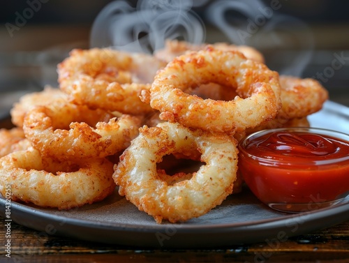 Delicious fried Calamari, or onion rings, served on a platter at a restaurant with a side dipping sauce. 