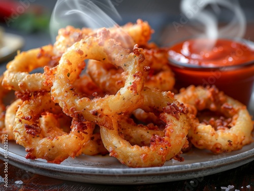 Delicious fried Calamari, or onion rings, served on a platter at a restaurant with a side dipping sauce. 