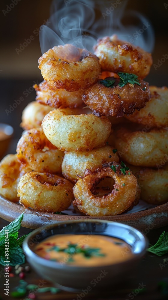 Delicious fried Calamari, or onion rings, served on a platter at a restaurant with a side dipping sauce. Delicious fried Calamari, or onion rings, served on a platter at a restaurant with a side dipping sauce.