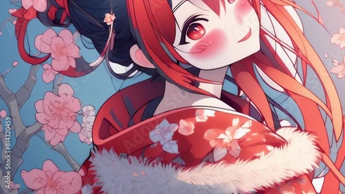 An anime girl with striking red and black hair adorned with flowers wears a festive kimono with intricate floral designs and a fur-lined collar. photo