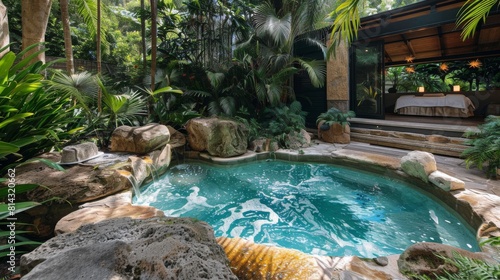 An outdoor spa setting with a scenic view, featuring a natural rock pool and lush greenery.