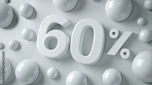 A realistic glossy 60% discount sign in a 3D style imitation surrounded by white balls. The sign is bold and eye-catching photo