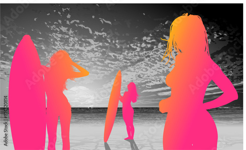 surfistas, contraluz, vector, tabla, surf, mar, atardecer, mujer surfista, silueta, tablista, ilustracion, arte surf, rosa, surfista en la playa, chica surf, mujer